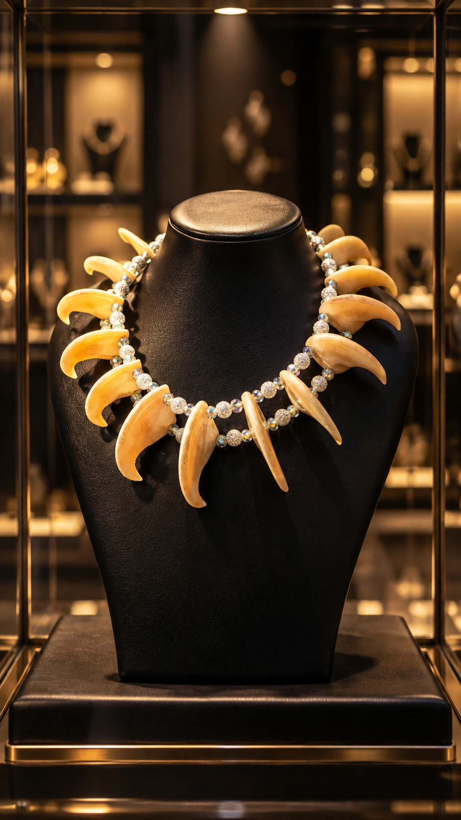 African Claw and Red Bead Necklace on display bust