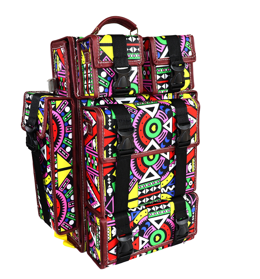 Colourful Ndebele geometric print backpack with burgundy leather trim