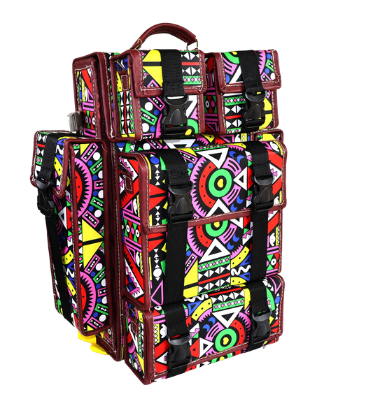 Colourful Ndebele geometric print backpack with burgundy leather trim